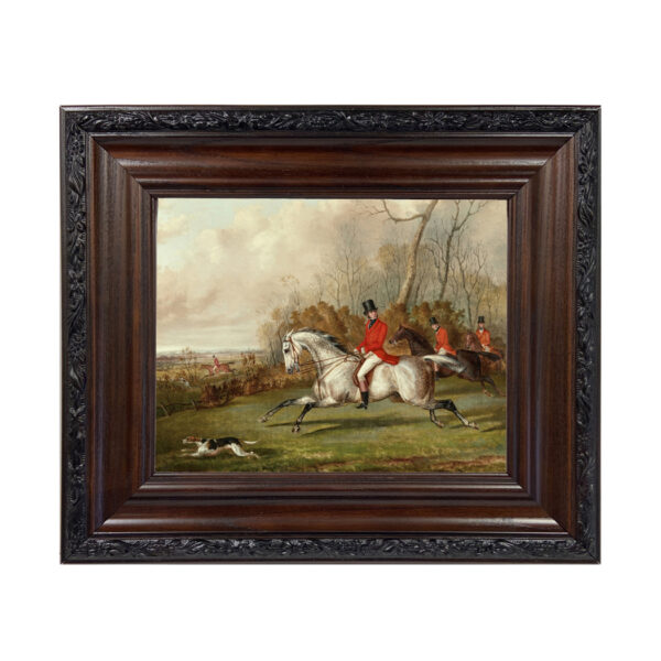 Talley Ho by George Laporte - Reproduction Oil Painting Print on Canvas Framed in a Brown/Black Solid Oak Frame. A 8x10 framed to 12-3/4 x 14-3/4