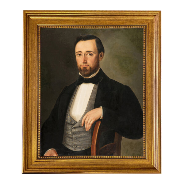 Early Victorian Gentleman Framed Oil Painting Print on Canvas in Antiqued Gold Frame. An 11