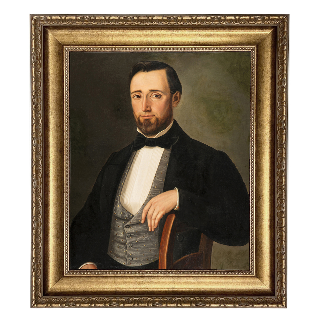 Early Victorian Gentleman Framed Oil Painting Print on Canvas in Black and Antiqued Gold Frame. A 16" x 20" framed to 22" x 26".