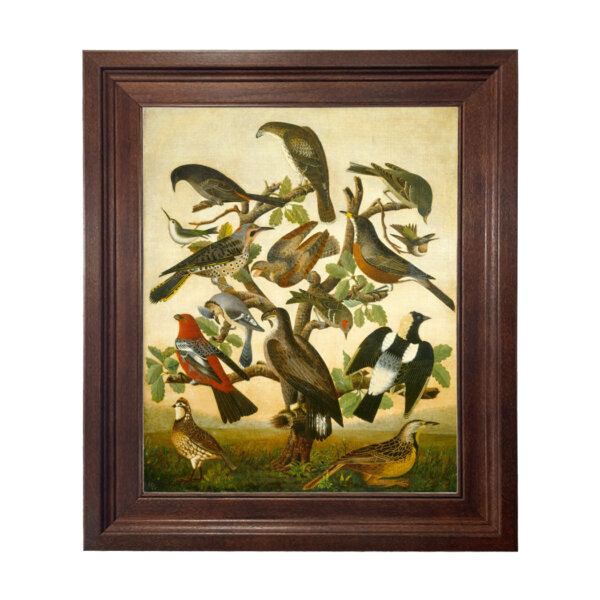 Birds in Tree Framed Oil Painting Print on Canvas in Distressed Brown Wood Frame- An 11