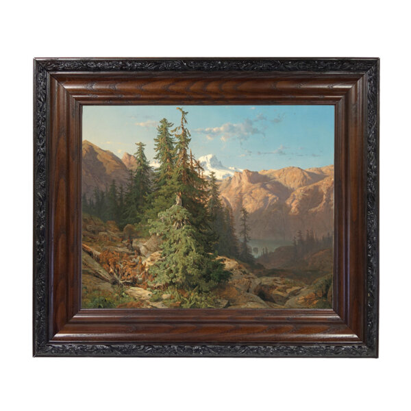 Mountain Landscape with Pines Oil Painting Print Reproduction on Canvas in Brown and Black Solid Oak Frame- 15-1/2