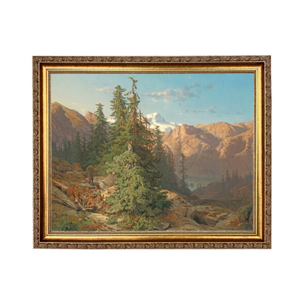 Mountain Landscape with Pines Oil Painting Print Reproduction on Canvas in Thin Gold Frame- An 11