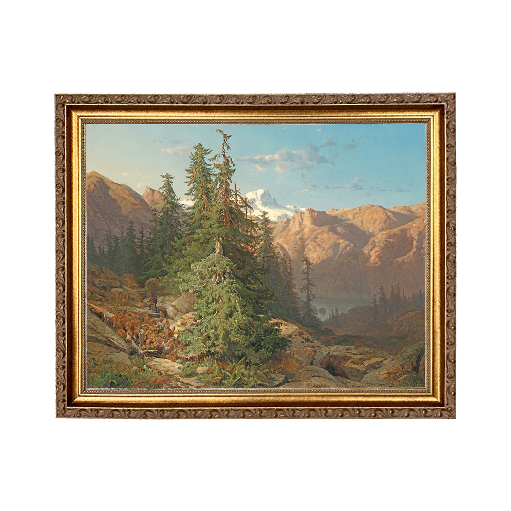 Mountain Landscape with Pines Oil Painting Print Reproduction on Canvas in Thin Gold Frame- An 11" x 14" framed to 13" x 16"