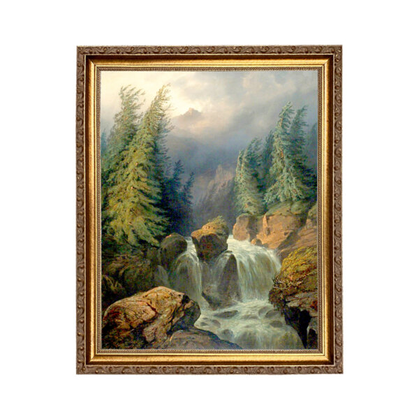 Mountain Waterfall Landscape Oil Painting Print Reproduction on Canvas in Thin Gold Frame- An 11