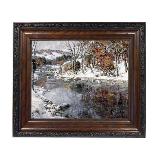 Winter Landscape Oil Painting Print Reproduction on Canvas in Brown and Black Solid Oak Frame- 15-1/2