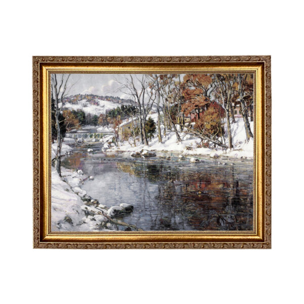 Winter Landscape Oil Painting Print Reproduction on Canvas in Thin Gold Frame- An 11
