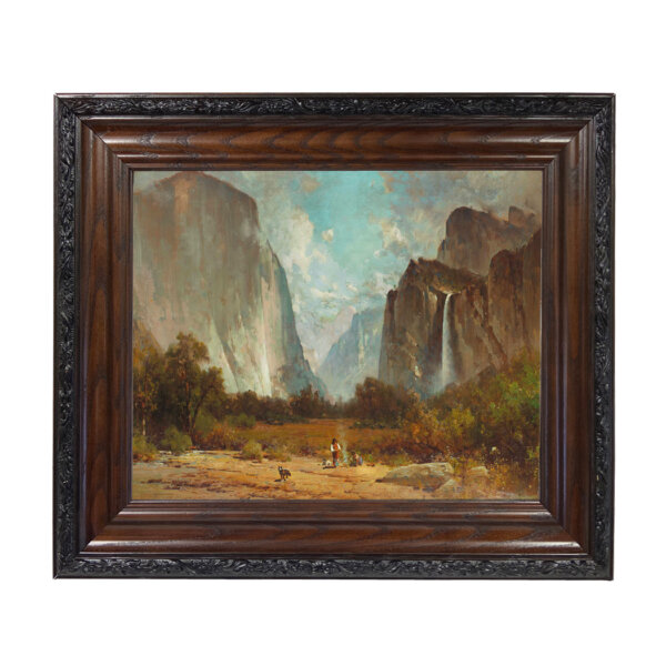 Yosemite Valley Landscape by Thomas Hill Oil Painting Print Reproduction on Canvas in Brown and Black Solid Oak Frame- 15-1/2