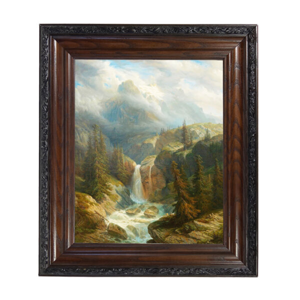 Waterfall Landscape Oil Painting Print Reproduction on Canvas in Brown and Black Solid Oak Frame- 15-1/2