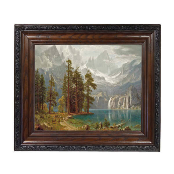 Sierra Nevada Mountain Landscape by Albert Bierstadt Oil Painting Print Reproduction on Canvas in Brown and Black Solid Oak Frame- 15-1/2