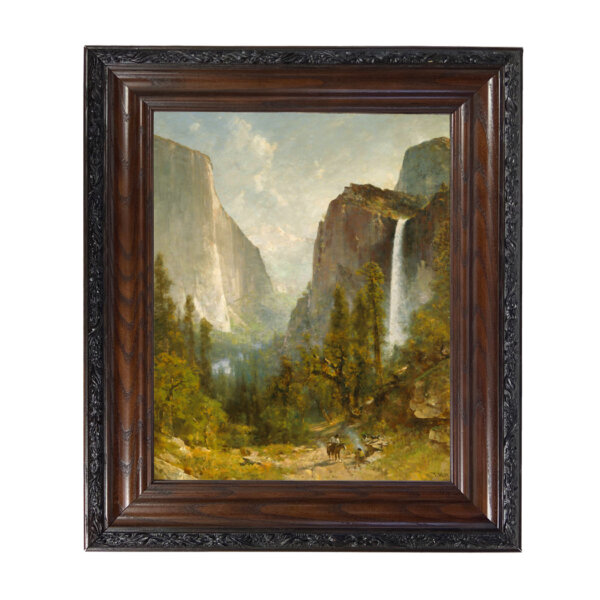 Bridal Veil Falls Yosemite Landscape by Thomas Hill Oil Painting Print Reproduction on Canvas in Brown and Black Solid Oak Frame- Framed to 15-1/2