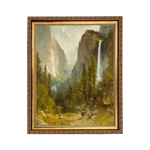 Bridal Veil Falls Yosemite by Thomas Hill Oil Painting Print Reproduction on Canvas in Thin Gold Frame- An 11