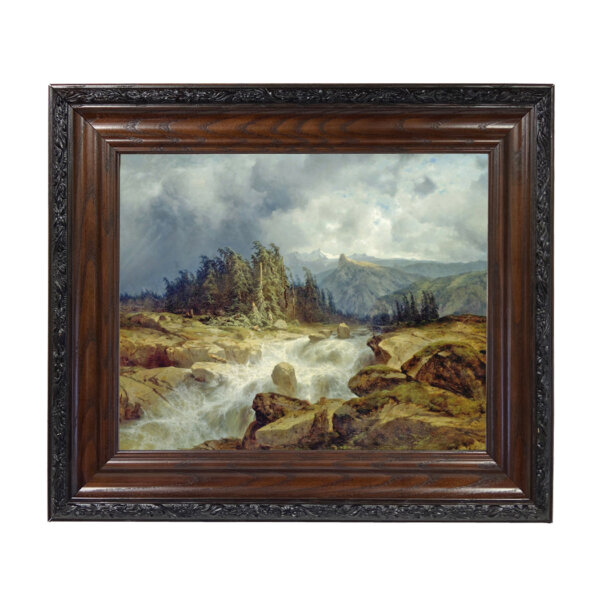 Mountain Landscape with Rushing Stream Oil Painting Print Reproduction on Canvas in Brown and Black Solid Oak Frame- 15-1/2