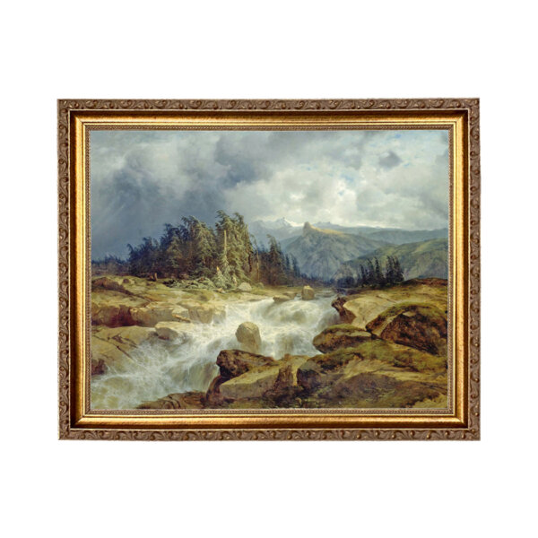 Mountain Landscape with Rushing Stream Oil Painting Print Reproduction on Canvas in Thin Gold Frame- An 11