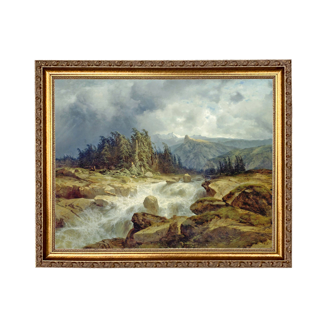 Mountain Landscape with Rushing Stream Oil Painting Print Reproduction on Canvas in Thin Gold Frame- An 11" x 14" Framed to 13" x 16"