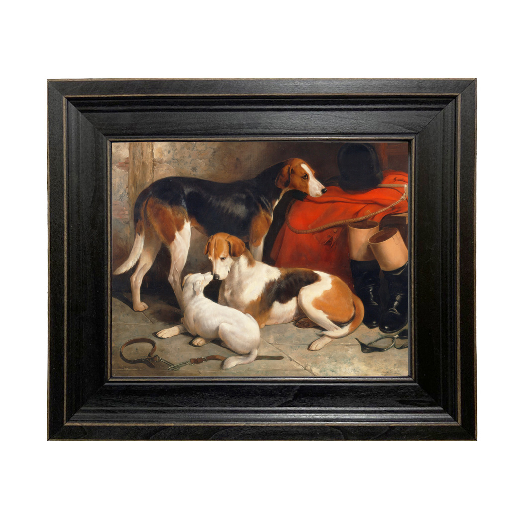 A Couple of Foxhounds with a Terrier, the Property of Lord Henry Bentinck by William Barraud Framed Oil Painting Print on Canvas in Distressed Black Wood Frame