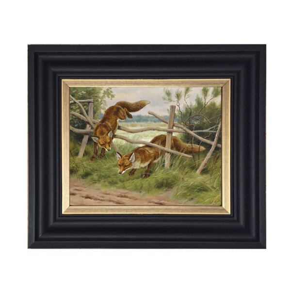 Fox Hunting by Georges Frederic Rotig Framed Oil Painting Print on Canvas in Black and Gold Wood Frame. An 8