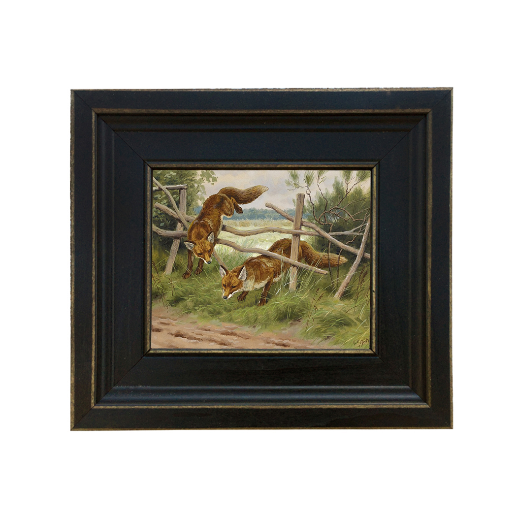 Fox Hunting by Georges Frederic Rotig Framed Oil Painting Print on Canvas in Distressed Black Wood Frame