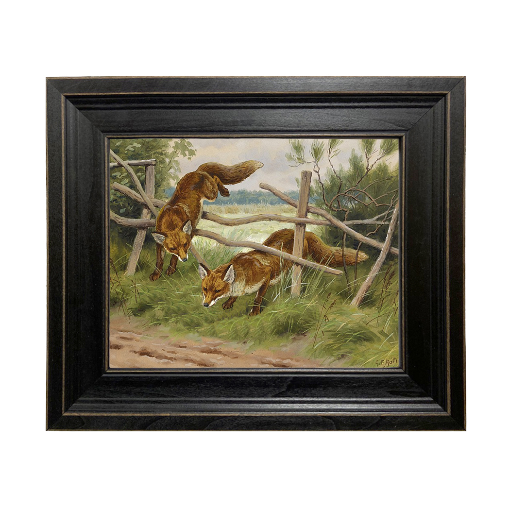Fox Hunting by Georges Frederic Rotig Framed Oil Painting Print on Canvas in Distressed Black Wood Frame