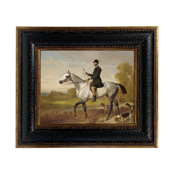A Huntsman with Horse and Hounds by Adam Emil Framed Oil Painting Print on Canvas in Leather-Look Black and Antiqued Gold Frame. Framed to 12-3/4