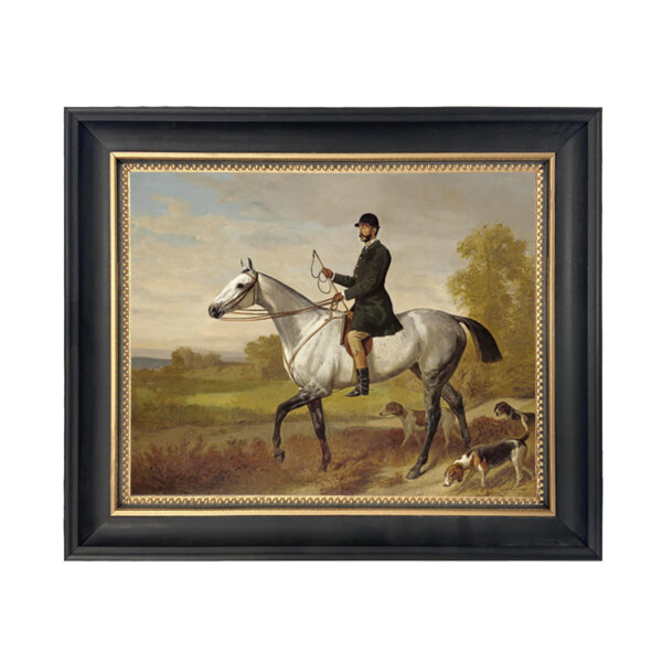 A Huntsman with Horse and Hounds by Adam Emil Framed Oil Painting Print on Canvas in Black and Gold Wood Frame. An 8