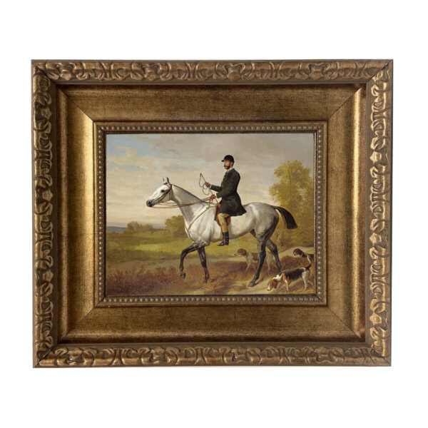 A Huntsman with Horse and Hounds by Adam Emil Framed Oil Painting Print on Canvas in Antiqued Gold Frame. An 8x10