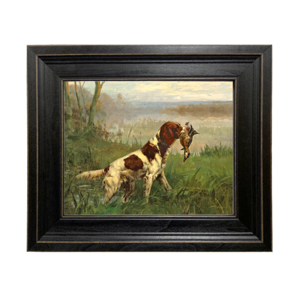 Setter and a Ruddy Duck by Percival Leonard Rosseau Framed Oil Painting Print on Canvas in Distressed Black Wood Frame. An 8