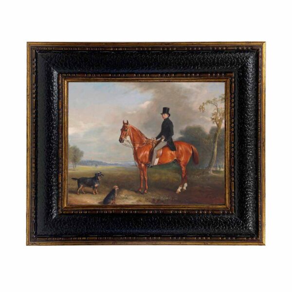 Sir Montague Welby on a Chestnut Hunter with Terrier by John Ferneley Snr Framed Oil Painting Print on Canvas in Leather-Look Black and Gold Frame. An 8