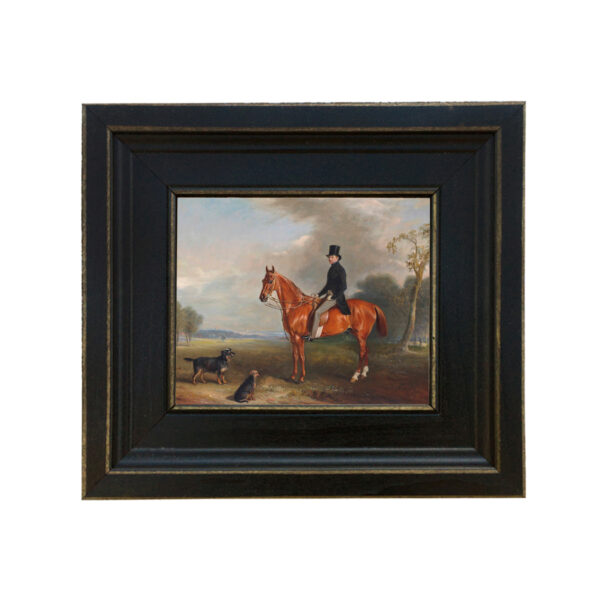 Sir Montague Welby on a Chestnut Hunter with Terrier by John Ferneley Snr Framed Oil Painting Print on Canvas in Distressed Black Wood Frame. A 5