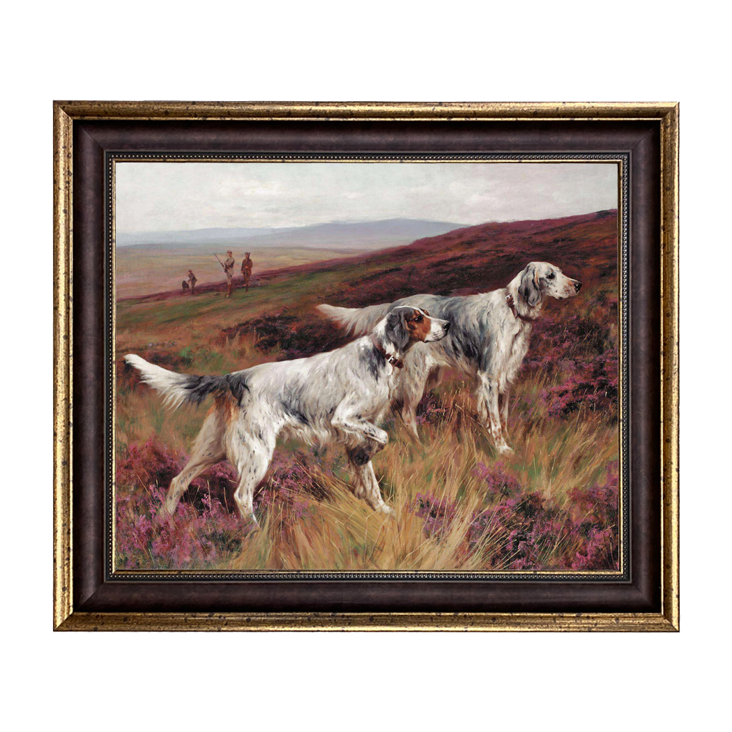 Two Setters on a Grouse by Arthur Wardle Framed Oil Painting Print on Canvas in Wide Brown and Antiqued Gold Frame- Framed to 29-1/4" x 35-1/4"