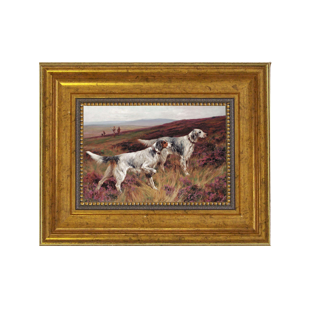 Two Setters on a Grouse by Arthur Wardle Framed Oil Painting Print on Canvas in Antiqued Gold Frame. A 4" x 6" framed to 7-1/2" x 9-1/2".