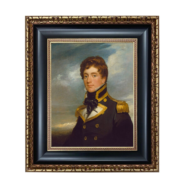 English Naval Officer Framed Oil Painting Print on Canvas in Black and Antiqued Gold Frame. A 11