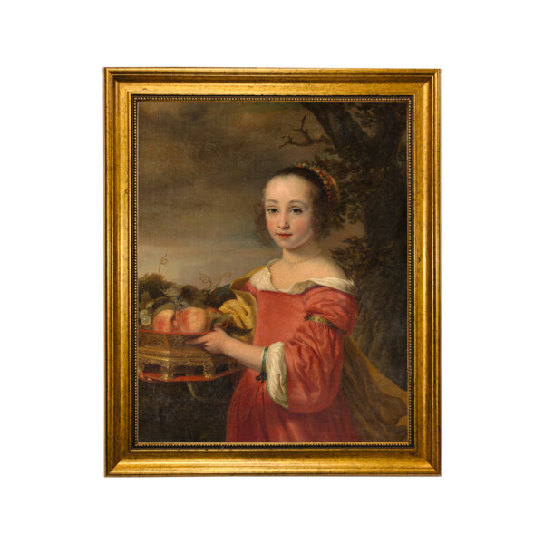 Petronella Elias with a Basket of Fruit by Ferdinand Bol Framed Oil Painting Print on Canvas in Antiqued Gold Frame. A 16