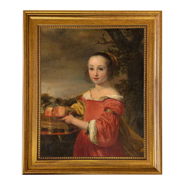 Petronella Elias with a Basket of Fruit by Ferdinand Bol Framed Oil Painting Print on Canvas in Antiqued Gold Frame. An 8x10