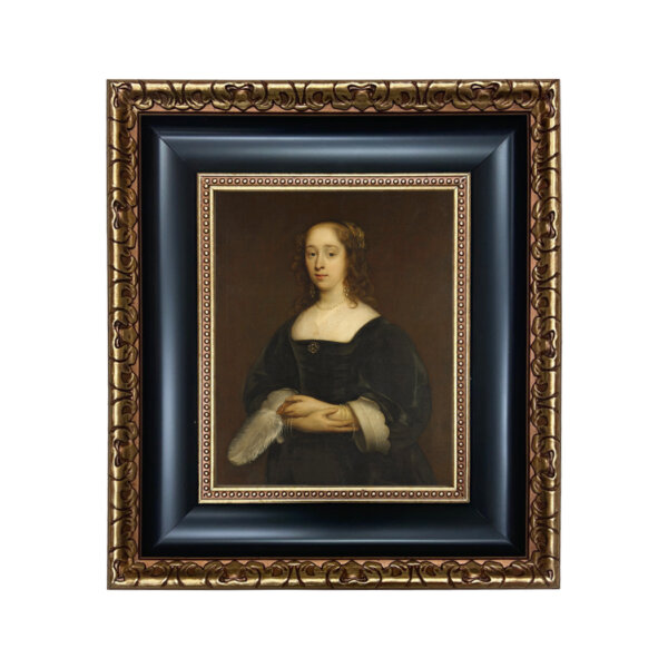 Portrait of a Woman by Cornelis Jonson van Ceulen the Elder Framed Oil Painting Print on Canvas in Black and Antiqued Gold Frame. An 8