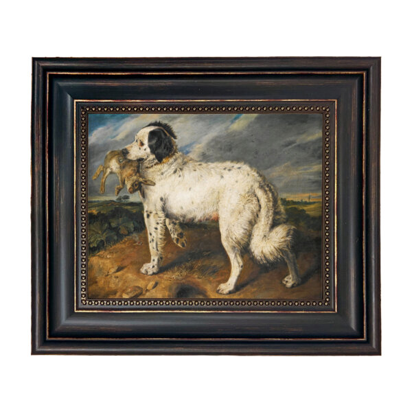 Dog with Rabbit Framed Oil Painting Print on Canvas in Distressed Black Frame with Bead Accent. An 8