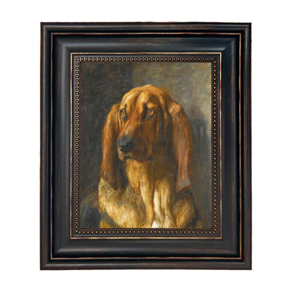 Sir Lancelot a Bloodhound by Briton Riviere Framed Oil Painting Print on Canvas in Distressed Black Frame with Bead Accent. An 8