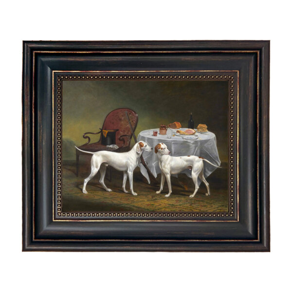 English Pointers Hunting Dogs Framed Oil Painting Print on Canvas in Distressed Black Frame with Bead Accent. An 8