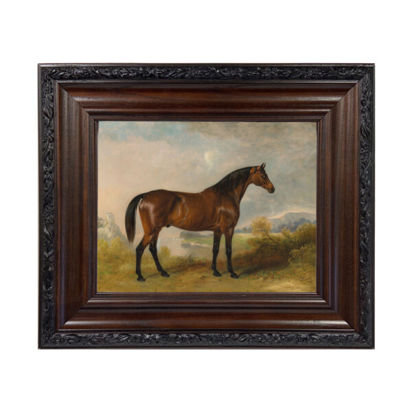 A Bay Hunter Framed Oil Painting Print on Canvas in a Brown/Black Solid Oak Frame. An 8