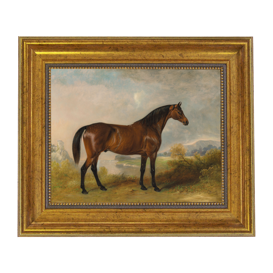 A Bay Hunter Framed Oil Painting Print on Canvas in Antiqued Gold Frame. 8" x 10" framed to 11-1/2" x 13-1/2".