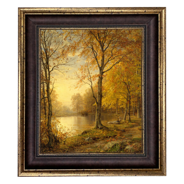 Indian Summer Autumn Landscape Framed Oil Painting Print on Canvas in Wide Brown and Antiqued Gold Frame- 16