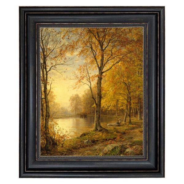 Indian Summer Autumn Landscape Framed Oil Painting Print on Canvas in Distressed Black Frame with Bead Accent. 16