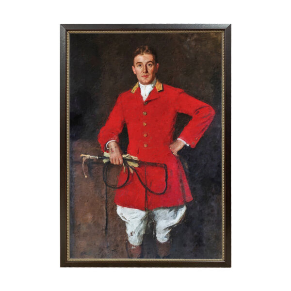 Fox Hunter Whipper In Portrait Framed Oil Painting Print on Canvas in Thin Black Variegated Wood and Gesso Frame- 13-1/2