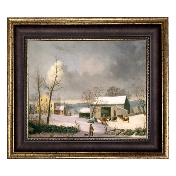 Winter in the Country Framed Oil Painting Print on Canvas in Wide Brown and Antiqued Gold Frame- 16