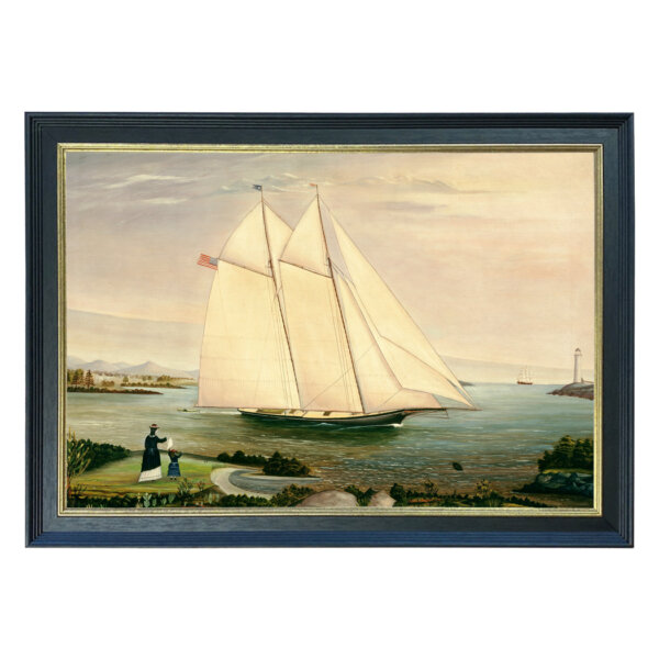 American Schooner Oil Painting Print on Canvas in Solid Wood Black and Antiqued Gold Frame- A 20