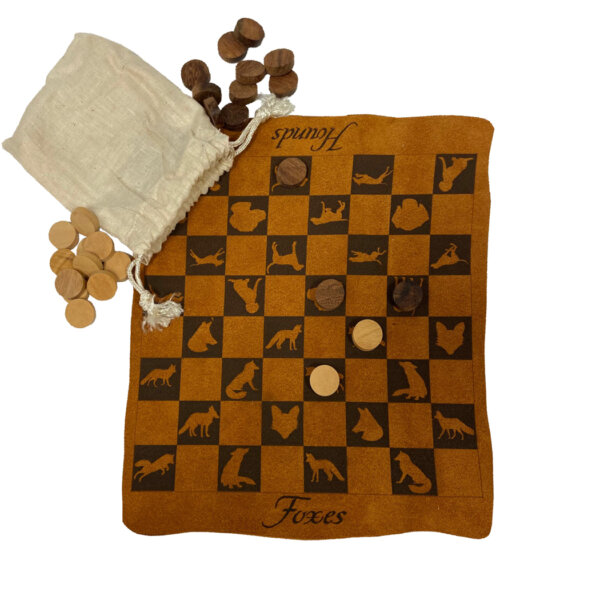 Toys & Games Equestrian 9-1/2 Fox and Hounds –  Different fox and hounds are burnt into the leather –  then rolled and tied with a leather strap. Brown and tan wooden checker pieces come in muslin bag.