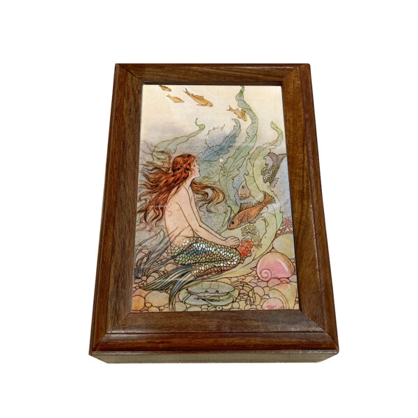 Decorative Boxes Nautical Mermaid Wishes Framed Watercolor Print Wood Trinket or Jewelry Box- Antique Vintage Style