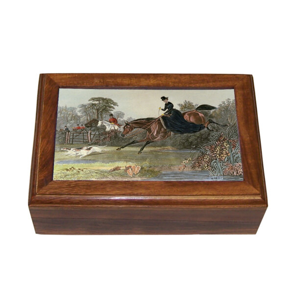 Decorative Boxes Equestrian 6-1/2″ Lady Takes the Jump Equestrian Framed Print Wood Trinket or Jewelry Box- Antique Vintage Style