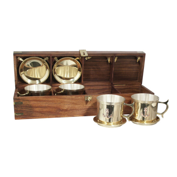 Set of 4 Nautical Silver-Plated Brass Rum Cups and Saucers with Wooden Display Box - Antique Vintage Style