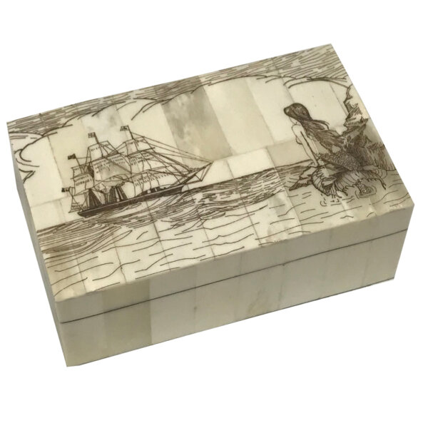 Scrimshaw/Bone & Horn Boxes Nautical 5-1/4″ Mermaid Watching Engraved Scrimshaw Bone Box- Antique Vintage Style