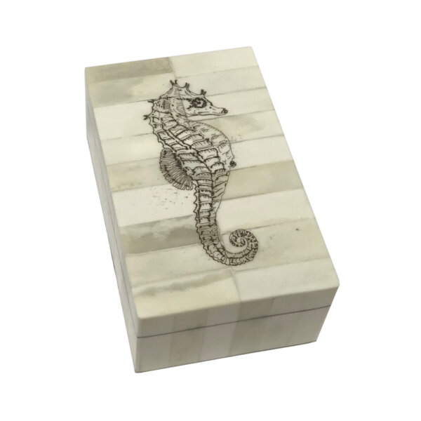 Scrimshaw/Bone & Horn Boxes Nautical 5-1/4″ Seahorse Engraved Scrimshaw Bone Box- Antique Vintage Style